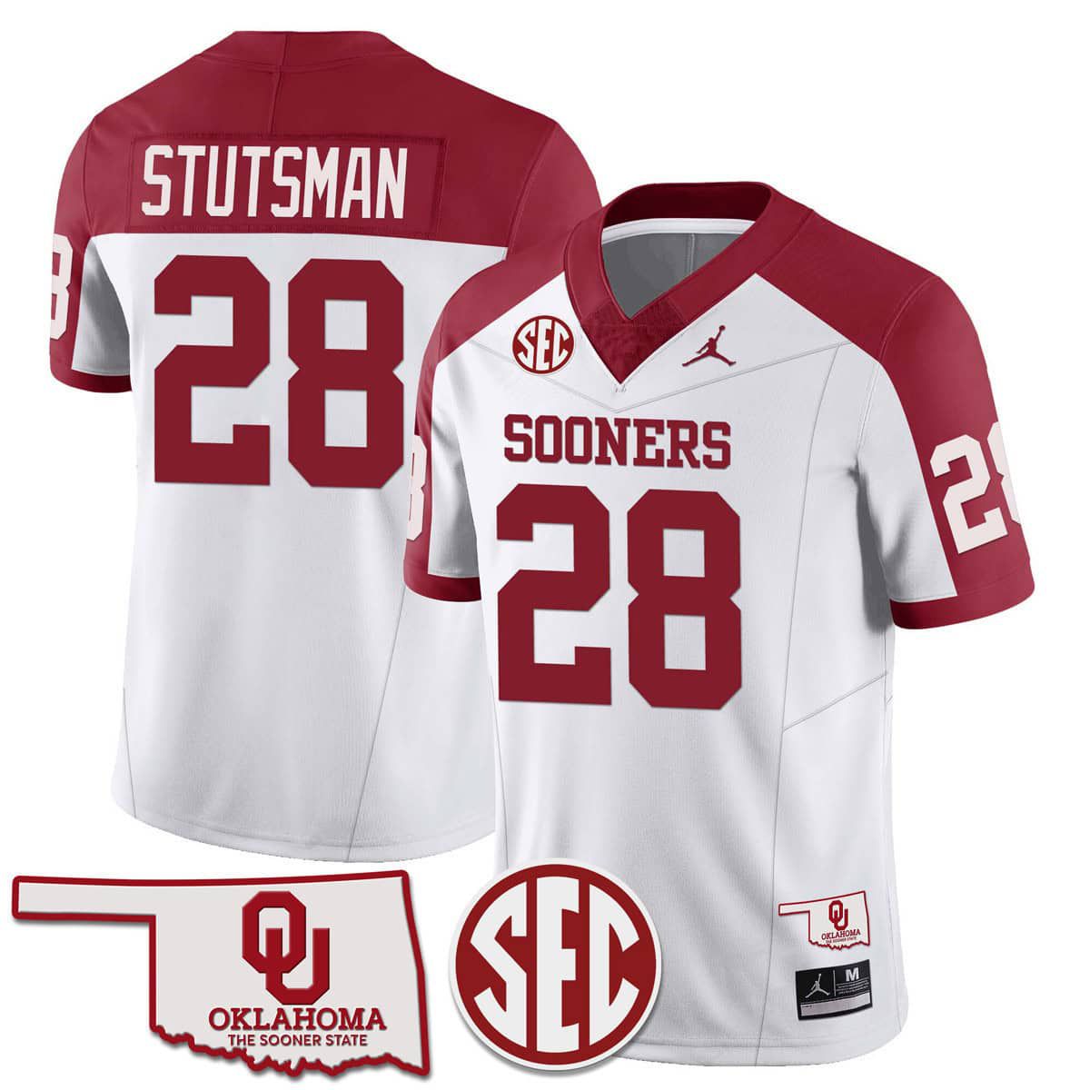 Men Oklahoma Sooners 28 Stutsman White 2024 SEC Patch Vapor Premier Limited NCAA Jersey style 1
